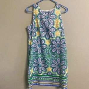 London Times Yellow Blue Green Floral Sleeveless Sheath Dress Size 8